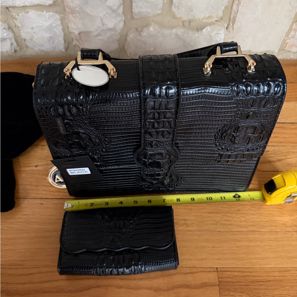 Black Croc-Embossed Structured Top-Handle Bag with Wallet - Picture 10 of 13